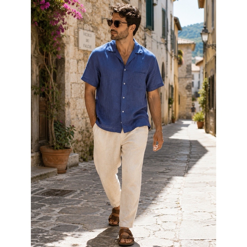 TURNBULL & ASSER Blue Linen Holiday Shirt Mens SZ XL Casual Resort Travel